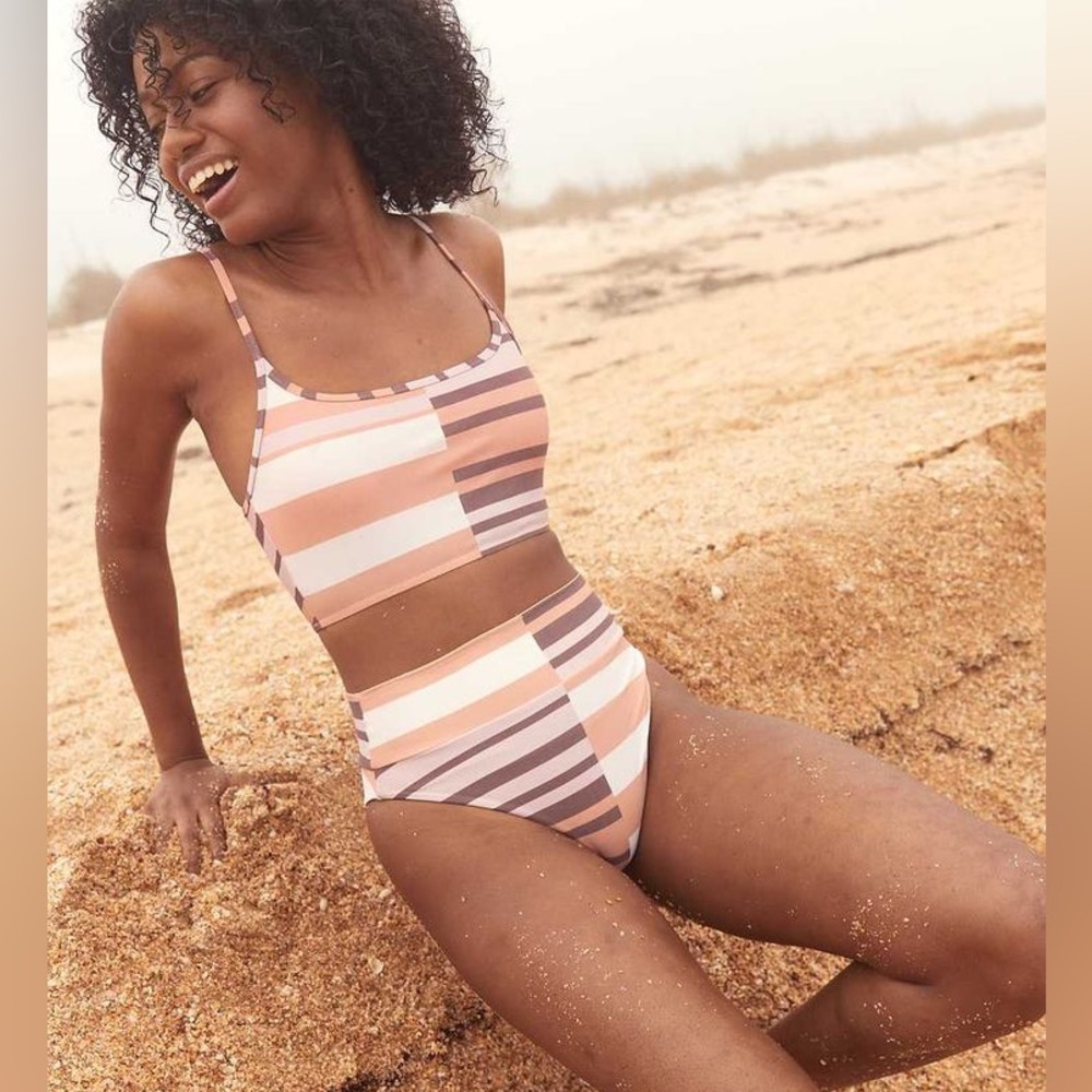 aerie Striped High-Waist Bikini Set in Peach, Pink & Taupe